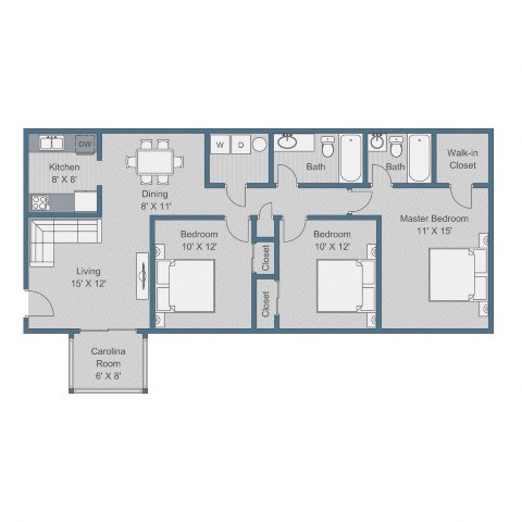 Floor plan for 3 beds, 2 baths, 1250 sqft